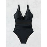 S - XL New Sexy Mesh Sheer V Neck Women Swimwear One Piece Swimsuit Female High Leg Cut Monokini Bather Bathing Suit Swim V5136