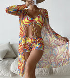New Women's 3 Pieces Swimsuit Allover Print Tankini+Long Gauze Coat Cover-Up Swimwear High Waist Shorts Bathing Suit Beachwear