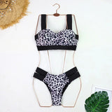 Sexy Bikini Women Swimwear Swimsuit Push Up Leopard Block Color Patchwork Double Bandages High Waist Bikinis Set Bathing Suit