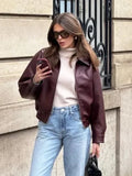 Foridol Wine Red Vintage Faux Leather PU Coat for Women Long Sleeve Turn Down Collar Zipper Autumn Winter Coat Jacket