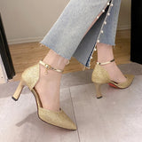 ZOKI Bling Gold Silver Women's Pumps 2024 Sexy Point Toe Thin Heel Party Wedding Shoes Woman Summer Ankle Strap High Heels Shoes