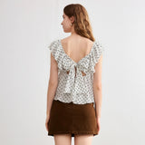 Women's Summer Tiered Cap Sleeve Crop Tops Dot Print V-Neck Cute Back Bow Babydoll Tee