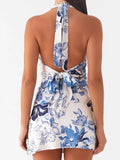 Women's Summer Fashion Party Beach Halter Neck Tank Dresses Sleeveless Deep V Neck Solid Color/Floral Print Mini Dress