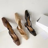 Woven Bow Back Strap Design Sandals Women's Summer New Square Head Shallow Mouth Single Shoe Comfortable Elegant Cool Pumps