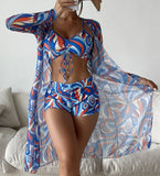 New Women's 3 Pieces Swimsuit Allover Print Tankini+Long Gauze Coat Cover-Up Swimwear High Waist Shorts Bathing Suit Beachwear