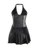 Baby Doll Black PU Leather Lace Sexy Halter Dress With Garter Belts Daring Lingerie for Women Plus Size Club Wear Ladies Dresses