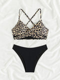 Sexy Leopard Print Cross Bikini Set 2026 Women Halter Push Up Black High Waist Swimsuit Summer Bathing Suit Two Piece Swimwear
