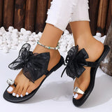 Fashion Mesh Bowknot Flat Heel Sandals Women Rhinestone Decor Clip Toe Beach Slippers Woman Plus Size 42 Backless Sandals Female