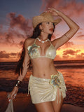 Women embroidery flower glitter metallic bikinis sets 3pcs with split mini skirt swimsuit bathing suit beach outfits biquini