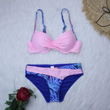 4 Colors Sexy Bikini Women Push Up Swimwear Swimsuit Leaf Print Patchwork Bikinis Set Bathing Suit Beach Bikini Female Biquinis
