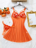 Orange Floral Lace Sheer Mesh Babydoll Lingerie Set Slip Nightdress With Matching Thong Women Sexy Sleepwear ZA825066