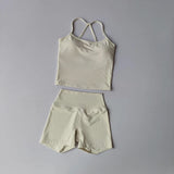 Women's Slim Shoulder Yoga Vest High Waisted Waist Hugging Naked Yoga Three Part Shorts Exercise Set Popular Fitness Clothing