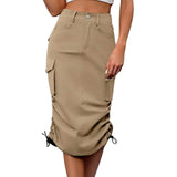 Womens Cargo Midi Skirt High Waist Multi Pocket Pencil Skirt Side Drawstring Ruched Split Hem Bodycon Summer Skirts Streetwear