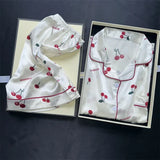 Cherry Print Silk Pajamas Set for Women Summer Short Sleeve Shirt and Shorts Two Pieces Sleepwear Homewear Nightwear