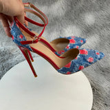 New Denim Fashion Denim color blocking  Sandals High Gladiator Heels Ladies Office Shoes  Plus Big Size45-46 12cm slim heel