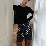 FDYOUI 2026 Woman Clothes Lace Patchwork Polka Dot Skirts Female Sexy Tight Short Skirt Black Party Night Club Dress Streetwear