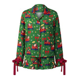Womens 2025 Christmas Pajamas Sets Print Button Up Long Sleeve Lapel V Neck Tops and Shorts Lounge Wear Satin 2 Pieces Set