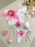 DEKA Flower Printed Short Sleeve Bikini Female Swimsuit Women Swimwear Three-pieces Bikini set Bather Bathing Suit Swim