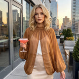 Women's Spring Summer Solid Color Sheer Blouse Glitter Long Sleeve Mock Neck Open Front Tops Streetwear