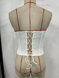 Summer Women White Strapless Waist Cinched Top Women White Drawstring Side Slim Fishbone Corset  Club Party Streetwear Camisole