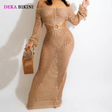 DEKA Women Knitted Backless Cover Up Swimsuit Long-sleeved Crochet Hollow Out Dress Summer Beach Vacation Outfit Beach Dress