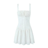 Foridol Bowknot Smocked White Short Dress Women Summer Cotton Mini Sleeveless Tank Sundress Beach Chic Buttons Dress for Petite