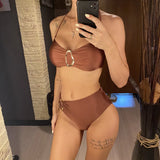 S - XL Metal Ring Halter Female Swimsuit High Waist Bikini Women Swimwear Two-Pieces Bikini Set Bather Bathing Suit Swim V6933