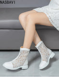 Women White Gladiator Ankle Boots Round Toe Square Heel  Breathable Mesh Large Size 34-45 Sweet Princess Cool Sandals Boots New