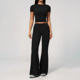 Creamy 2 Pieces Workout Suit Women Yoga Outfits Short Sleeve O Neck Slim Sports T Shirts High Waist Flare Pants Gym Fitness Sets