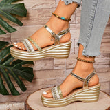Bohemian Style Wedges Golden Sandals Women Plus Size 43 Summer Platfrom Heighten Sandals Woman Lightweight Ankle Buckle Sandles