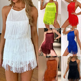 Sexy Backless Mini Dress Women Fashion Halter Neck Solid Color Fringes Short Dress Lady Carnival Party Dress up Women Clothes