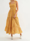 Women Summer Bohemian Floral Print Sundress Smocked Square Neck Sleeveless Backless A-line Long Tiered Ruffle Dress with Pockets