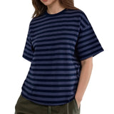 Striped Print Summer T-shirt for Women Loose Casual Contrast Short Sleeve Round Neck Basic Tops