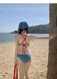 Cut Blue Plaid Patchwork Bikini Set 2026 Women Drawstring Push Up Bra Skirts Bands 4 Piece Swimsuit Beach Bathing Suit Swimwear