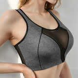 Women Sports Bra Sheer Mesh Patchwork Racerback Yoga Bra Breathable Quick Dry Workout Crop Top Gym Running Fitness Underwear