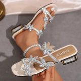 Luxury Crystal Butterfly Sandals for Women Summer Hollow Out Square Heels Sandals Woman Elegant Med Heel Party Shoes Plus Size