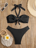 Halter Bikinis 2026 Women Bandeau Swimsuit Solid Sexy Ring Link Swimwear Female Bathers Bathing Swimming Swim Suit Beachwear