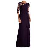 Women Elegant Lace Long Dress Sexy See Through Round Neck Mid Sleeve Dress Solid Color Evening Party Prom Dress Cocktail Gown