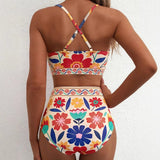 Women Sexy Floral Bikini High Waist Tummy Control Floral Bikini U Line Cross Back Padded Bikini Two Piece Beach Swimsuit