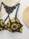 Women's sexy lingerie set with front buckle chrysanthemum pattern and steel ring gathering push up underwear set A3116
