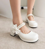 Pearl Beaded High Heels Shoes Ladies Wedding Mary Janes Block Heeled Pumps Woman Hook&Loop Tacones Wedges Escarpins Femme
