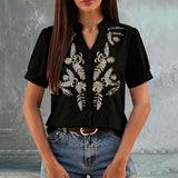 Women Floral Embroidery Puff Short Sleeve T Shirt Stand Collar V Neck Button Down Loose Solid Tees Summer Boho Casual Office Top