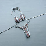 New 2026 Women's Micro Bikini Set Plaid Print Neck Lace-up Backless Biquini Beachwear Sexy Push Up Thong Low Waist  Bathing Suit