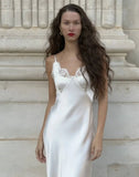 Women's Fashion Casual Style Satin Ice Silk Strap V-Neck Dress Pure Desire Dress Elegant White Satin Lace Trim Dress Party 6TFA