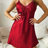 Fashion Ladies Lace Sexy Sling Nightdress Women's Sexy Lingerie Satin Sleepwear Solid Homewear V-neck with Chest Pad Nightwear