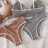 Women Cotton Bra And Panties Set Low Rise Briefs Panties Non-Wire Vneck Bras Sexy Lingerie Push Up Brassiere Female Underwear