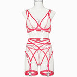 Toucheart 4 Piece Set Bra Set Nude See-Through Mesh Contrasting Color Hemmed Sexy Underwear For Women Girdle Garter Belt Suit