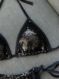Sexy Shiny Sequin Black Bikini Set 2026 Women Push Up Bra Tie Side Thong Swimsuit Beach Bathing Suit Hoiday Swimwear Biquini