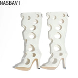 Big Size 43 Sexy Black Hollow Out Summer Boots Women White Thin High Heels Knee High Boots Stiletto Zip-up Peep Toe Party Shoes