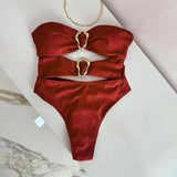 Sexy Red One Piece Swimwear Women Removable Shoulder Strap Ring Linked Bikini Monokini 2026 Backless Hollow Out Beach Swimsuit